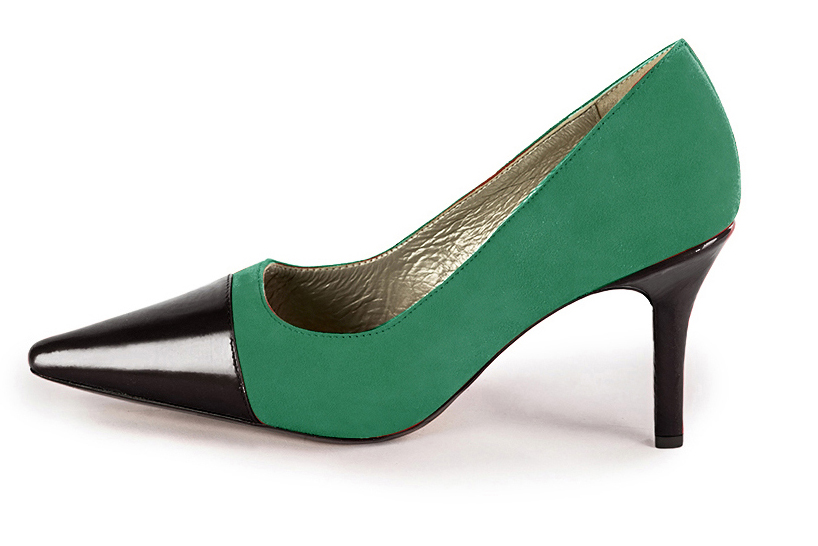 Gloss black and emerald green women's dress pumps,with a square neckline. Pointed toe. High slim heel. Profile view - Florence KOOIJMAN